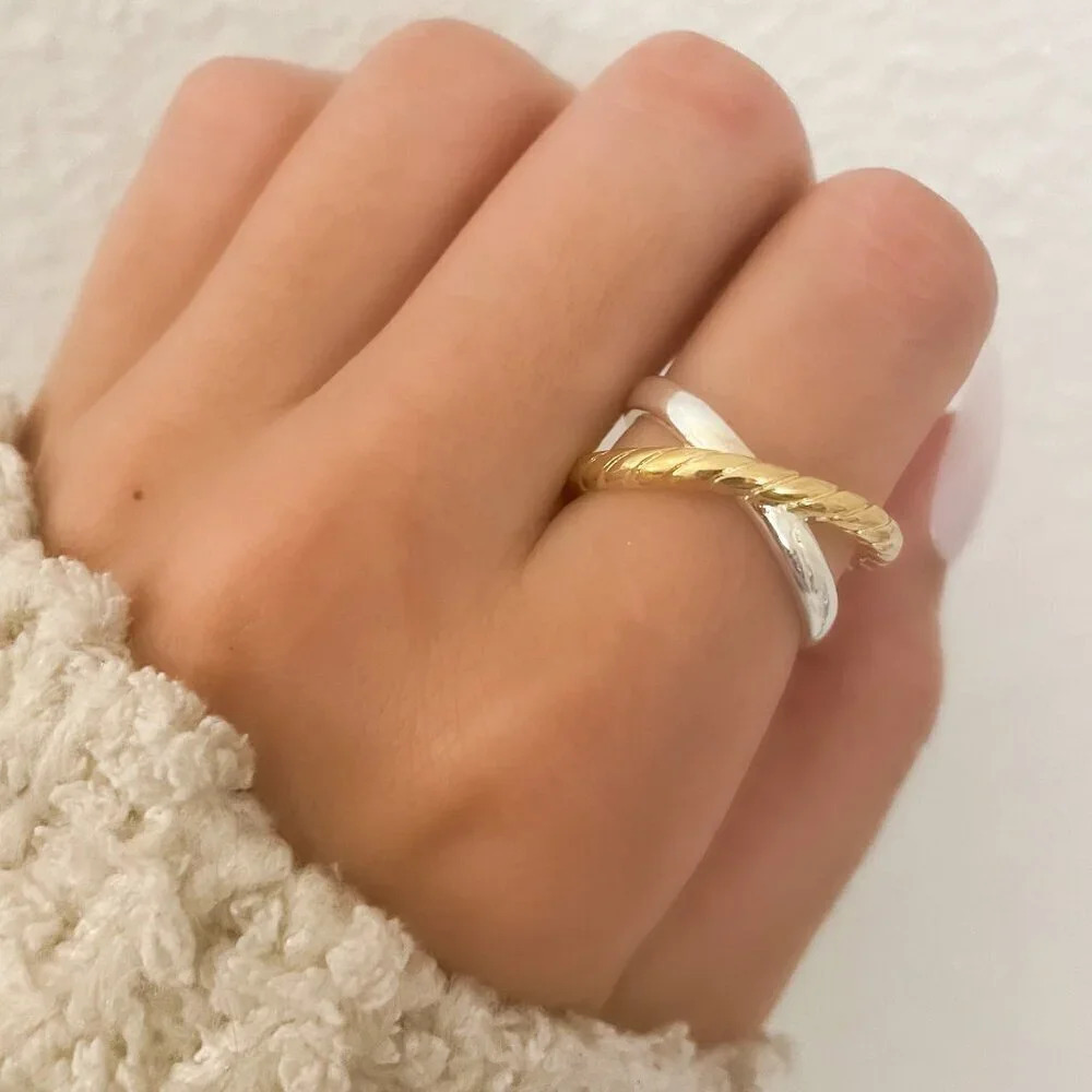925 Sterling Silver Two Tone Ring Braided Criss Cross Ring Silver & Gold Ring